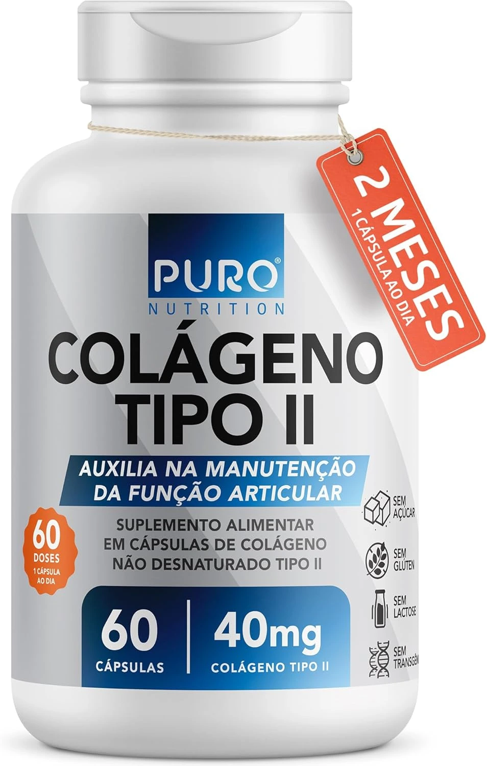 Colágeno Tipo 2 Puro Nutrition – Saúde Articular – 40 mg por Cápsula – 60 Cápsulas